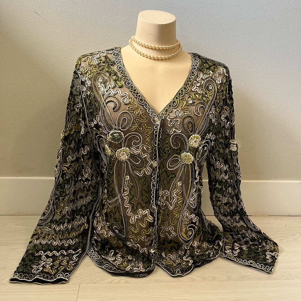 80s Chun Biu black and green sheer cardigan dinner jacket floral embroidered